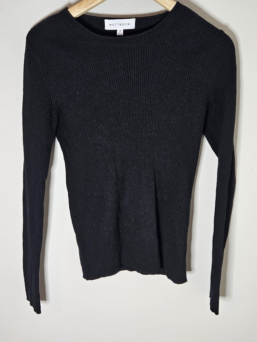 Mott&Bow Emma Cotton Cashmere Sweater Ribbed Black Crewneck M Medium Women's